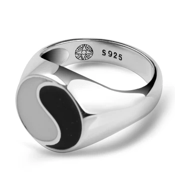 Chi, Yin Yang Apkalbų Žiedas Epoksidinės Žiedai Vyrams, Antikvariniai 925 Sterlingas Sidabro Piršto Emalio Azijos Žiedas, Papuošalų Vyrams ir Moterims