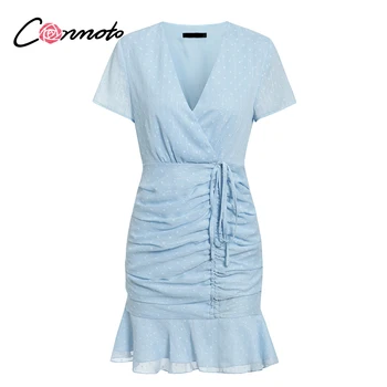 Conmoto seksualus trumpą šifono suknelės moterims atsitiktinis polka dot mėlyna suknelė paplūdimyje vasarą 
