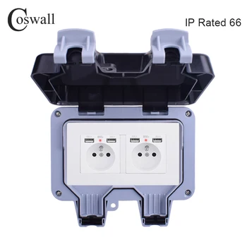 Coswall IP66 Neperpučiami ir Neperšlampami Lauko Išorinių Sienų Lizdas 2 prancūzijos Standartas sienoje, 4 USB Mokestis Uosto Juoda Balta