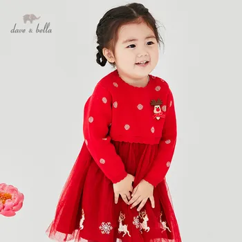 DBZ16072 dave bella žiemos baby girl Kalėdų animacinių filmų megztinis suknelė vaikų mados šalis suknelė vaikams kūdikiams lolita drabužiai