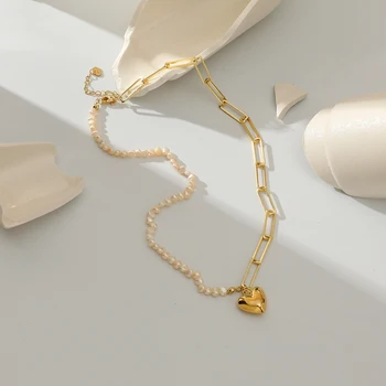 Derliaus 14 karatų tikru Auksu Padengtą Grandinės Širdies Pakabukas Karoliai Moterims, Elegantiškas Gėlavandenių Perlų Ponios Papuošalai, Aksesuarai