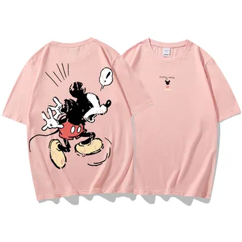 Disney Marškinėliai Atgal Ančiukas Donaldas Mickey Mouse Animacinių Filmų Spausdinti Porų Vienodų Moterų Marškinėliai Trumpomis Rankovėmis Tee O-Kaklo Viršūnes 10 Spalvų