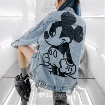 Disney Mickey Mouse Paltai Atsitiktinis Negabaritinių Džinsinio Striukė Moterims Animacinių Filmų Grafiti Prarasti Viršutiniai Moterų Drabužiai Lady Jean Striukės
