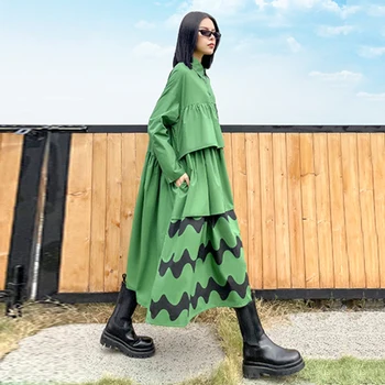 [EAM] Moterys Didelis Dydis Spausdinti Modelio Sluoksniai Žalia Suknelė Nauja Atvartas ilgomis Rankovėmis Palaidi Tinka Mados Banga Pavasario Rudens 2021 1DD3784