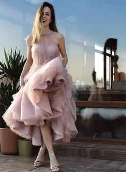 Elegantiška Prom Dressses Rožinės spalvos Tiulio Kulkšnies Ilgio Aukšto Kaklo Iliuzija Rankovių Linija Vakare Gown vestido de graduacion largo
