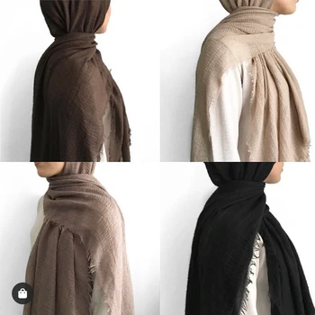Etninės Negabaritinių Moterų Paprastas Burbulas Medvilnės Šalikas Musulmonų Vingiuoti Hijab Galvos Skara Medvilnės Skaros Pashmina Wrap Hijab Šalikai
