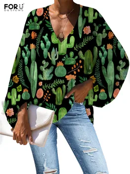 FORUDESIGNS Harajuku Moterų Viršūnių Mielas Kaktusas Spausdinti V Kaklo Motinos Marškinėliai Pavasario Vasaros Palaidinė Lapų Modelis Didelio Dydžio