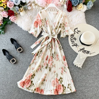 FTLZZ V Kaklo Gėlių Spausdinti Vasaros Tvarstis Suknelė Midi Ilgio Šifono Šalis Moterų Atsitiktinis Elegantiškas Plisuotos Paplūdimio Atostogų Suknelės
