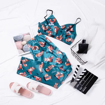 Fox Modelio Pižama Moterų V-Kaklo Spageti Dirželis Spausdinti Kelnes Satino Sleepwear Rinkinys Sexy Naktiniai Drabužiai Rudens Namų Kostiumas Rinkiniai