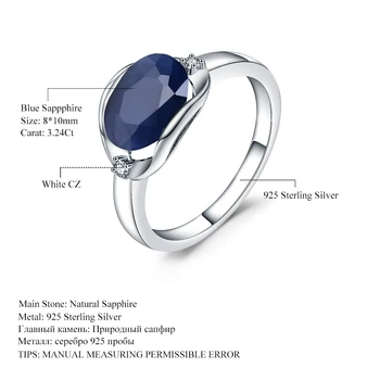 GEM BALETO 925 Sterlingas Sidabro Sužadėtuvių Žiedai 3.24 Ct Gamtos Mėlynas Safyras Brangakmenio Žiedas Moterims Fine Jewelry