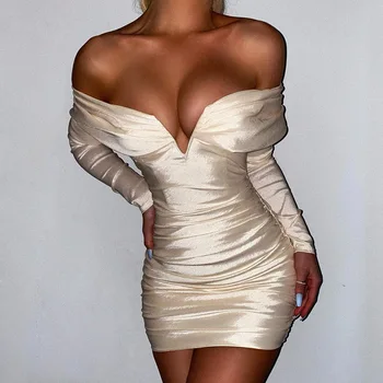 Giyu Sexy Satin Moteris Suknelė Naktinis Klubas Šalies Ruched Bodycon Vestidos 2021 M. Rudenį Elegantiškas Off Peties Backless Mini Suknelės