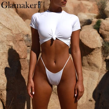 Glamaker mazgas baltos seksualus bodysuit moterų diržas, dviejų dalių kostiumą moterų apkarpytos trumpas playsuit Beach party bodysuit pavasarį naują 2019