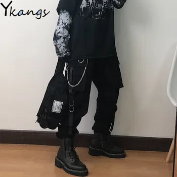 Gotikos Harajuku Streetwear Moterų Atsitiktinis Haremo Kelnės Su Grandinės Kieto Juoda Krovinių Kelnės Cool Mados Hip-Hop Ilgos Kelnės Capris