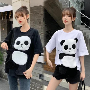 Gryna Spalva Moterys T shirts Animacinių filmų Panda Negabaritinių Mielas marškinėliai Moterų Atsitiktinis Palaidų Slim Drabužius Saldus Paauglių Mergaičių Apranga Topai