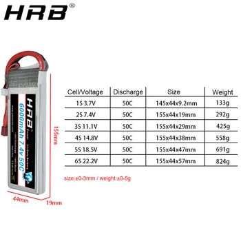 HRB 6000mah Lipo Baterija 3.7 V, 7.4 V, 11.1 V, 14.8 V 18.5 V 22.2 V 2S 3S 4S 5S 6S T Dekanai XT60 XT90 EB5 RC FPV Lėktuvų Nepilotuojamų Automobilių Dalys