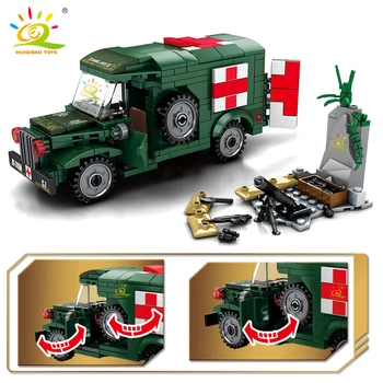 HUIQIBAO 262PCS Karinės WW2 Greitosios pagalbos Modelio Blokai Kariuomenės Sunkvežimis JAV Karys Plytų Nustatyti Švietimo Automobilių Žaislai Vaikams