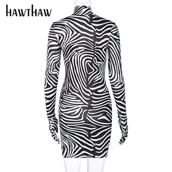 Hawthaw Moterų Rudenį Ilgomis Rankovėmis Zebras Dryžuotas Spausdinti Bodycon Paketo Klubo Mini Trumpą Suknelę Golfo 2020 M. Rudenį Drabužiai
