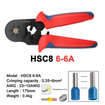 Hsc8 6-4 mini SAVARANKIŠKAI REGULIUOJAMAS UŽSPAUDIMO TIEKĖJAS 0.25-6mm2 terminalų užspaudimo įrankis multitool įrankiai rankas reples awg 23-10 oranžinė