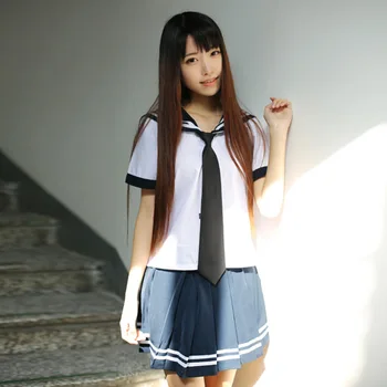 Japonijos mokyklines uniformas korėjos Mados Plisuotas Sijonas, Sailor Mokyklos kostiumas mergaitei, Baltos, Tamsiai mėlynos nustatyti Harajuku Kawaii Seifuku