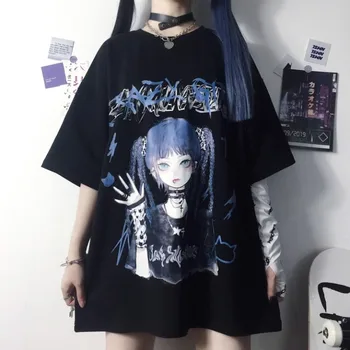 Japonų hip-hop mielos moterys tshirts Harajuku punk, gothic negabaritinių marškinėliai Kawaii estetinės ropa mujer draugais viršūnes grafinis tee