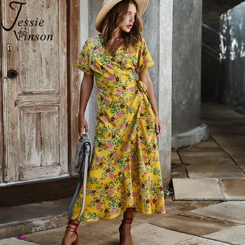 Jessie Vinson Boho Gėlių Spausdinti Ilga Suknelė Moterims trumpomis Rankovėmis V-kaklo Ruffles Wrap Suknelės Bohemijos Gėlės Paplūdimio Suknelė Vasarai