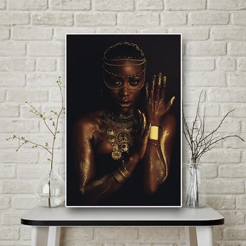 Juodos ir Aukso Nuogas Afrikos Moteris su Karoliai Drobės Tapybos Plakatai ir Spausdinimo Skandinavijos Sienos Meno Nuotrauka už Kambarį