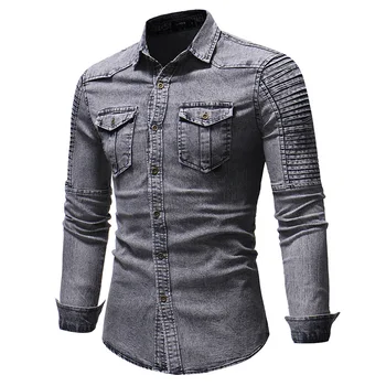 Karšto pardavimui, iki 2018 m. Rudenį nauji vyriški džinsai marškinėliai mados vyriški slim atsitiktinis ilgomis rankovėmis medvilnės marškinėliai Single-breasted juoda mėlyna 3XL