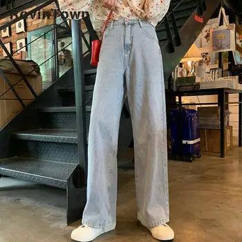 Kelnės Džinsai Korėjos Stiliaus Mados Atsitiktinis Palaidų Šviesiai Mėlynos Moterų Tilptų 2020 Nemokamas Pristatymas Harajuku Universalus Plataus Kojų Džinsai
