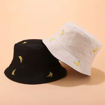 Kontrasto Spalvų Moterys Vyrai Vasarą Kibiro Kepurę Bananų Siuvinėjimo Dvipusis Dėvėti Hip-Hop Harajuku Platus Kraštų Sulankstomą Žvejo Kepurė