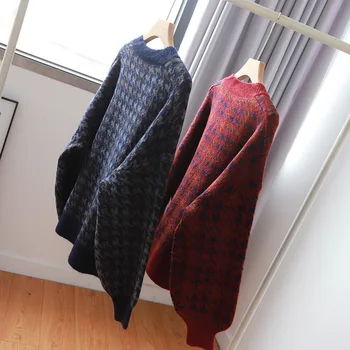 Korėjos Stilius Laisvas Houndstooth Džemperis Moterims Puloveris Atsitiktinis V-kaklo, ilgomis Rankovėmis Megztiniai Megztinis Moteriška Džemperiai Kieto Pagrindinių Megztinis