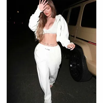 Kylie su Pin Pločio Kojų Sweatpant Moteris Rudens-Žiemos Aukšto Juosmens Atsitiktinis Tiesios Kelnės Streetwear Balta Elastinga Juosmens Kelnės