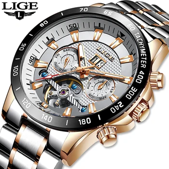 LIGE Skeletas Tourbillon Mechaninis laikrodis Vyrams, Automatinė Klasikinis Rose Gold Visų Plieno Mechaninė Rankiniai Laikrodžiai Reloj Hombre 2020 m.