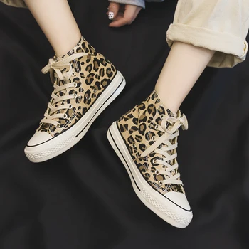 Leopardas spausdinti batai moterims 2021 naujas universalus Atsitiktinis aukšto viršų drobė batai moterims pavasario plokščiu dugnu studentų mados ju