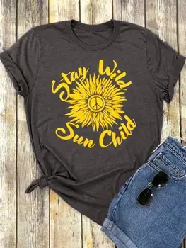 Likti Laisvėje Saulė Vaiko Marškinėliai mados drabužių Atsitiktinis Medvilnės Derliaus Tee Gold Sun flower Grunge Viršūnes estetinės dovanos Camisetas