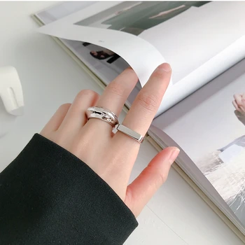 LouLeur 925 sterlingas sidabro Stačiakampio blizgus žiedai paprastos tekstūros 2019 elegantiškas Korėja atidaryti žiedai moterų draugystės papuošalai naujas