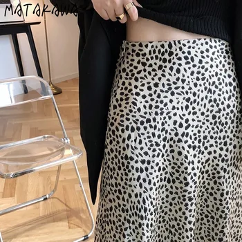 MATAKAWA Streetwear Elegantiškas Satino Leopardas Spausdinti Sijonas Moterims 2020 Naujų High Waisted Slidinėti-line Sijonai