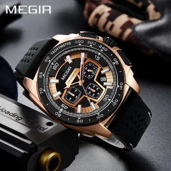MEGIR Mens Top Brand Prabanga Chronograph Vyrų Sportas Žiūrėti Mados Silikono Kariuomenės Karinių Kvarciniai Laikrodžiai Vyrų Laikrodis Reloj Hombre