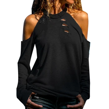 Mada moterims seksualus stebėjimo ilgomis rankovėmis O-kaklo marškinėliai mados gatvė skylę tuščiaviduriai atsitiktinis megztinis marškinėliai Seksuali Moteris Rudens