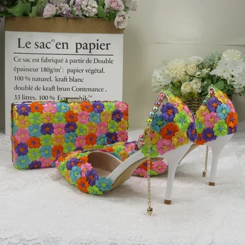 Mados spalvotą Gėlių Vestuvių Batai Su Atitikimo Krepšiai Aukštakulniai Smailianosiai Kojų Čiurnos Dirželis Ponios Šalies batų ir pagalvių rinkinys