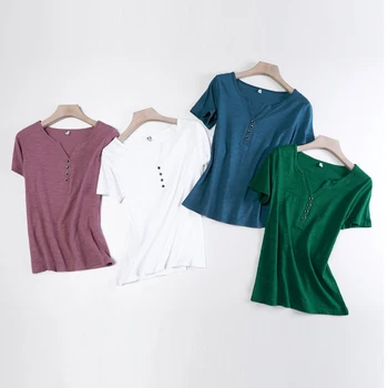 Marškinėliai Moterims Medvilnės Pagrindinio V-Kaklo 2021 Korėjos Stiliaus Moteris Drabužius Vasarą, Vyriški Ilgomis Rankovėmis Viršūnes T-Shirt Marškinėliai Femme