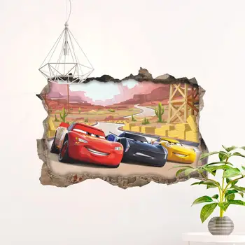 Mcqueen Automobilių Lipdukas Sienos, Vaikų Kambario Berniukai 3D Peizažai Lenktynių Netikrą Langą Lipdukai Freskomis Dekoro Sienoms Vaikų Apdaila