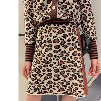 Megztinis, Sijonas Moterims Drabužių Rinkinys 2 vnt Žiemos Elegantiškas Leopard Moterų Top+sijonas Atsitiktinis V-kaklo Moteriška Dviejų dalių Kostiumai Megztiniai