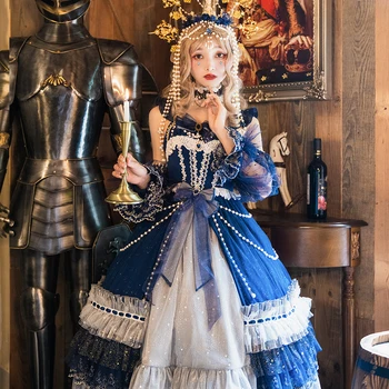 Melonshow Gothic Lolita Dress Plius Dydis Moterų Viktorijos Suknelė Mėlyna Kawaii Drabužių Rafinuotą Stilių Kilnus Retro Suknelės Renesanso
