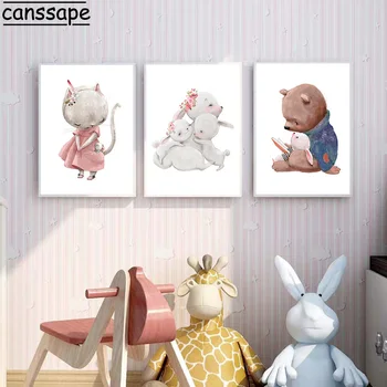 Mielas Bear Rabbit Plakatas Vaikų Darželio Sienos Meno Tapybos Drobės Katė Katytė Spausdinti Šiaurės Plakatai Sienos Nuotraukas Baby Vaikų Kambario Dekoravimas