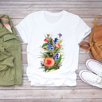 Moterims Gėlių trumpomis Rankovėmis Spausdinti Gėlių Akvarelė Drabužius Vasaros Marškinėliai T-shirts Viršuje T Grafinis Moterų, Merginų, Moterų Tee Marškinėliai