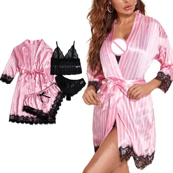 Moterų Atlasas Dryžuotas 4 Gabalas Sleepwear Pižama Seksualus Blakstienų Gėlių Nėrinių Apatiniai Šortai su Skraiste, moteriškas apatinis Trikotažas, naktiniai drabužiai