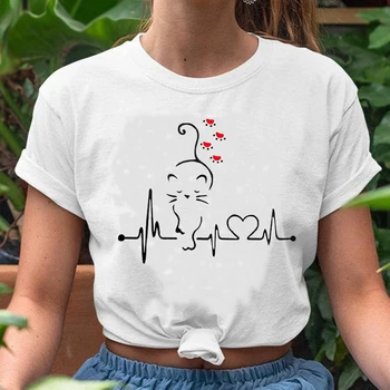 Moterų Grafinis Gyvūnų Katė Kavos Meilės 2021 Juokinga 90-ųjų Tendencija Pavasario Vasaros Spausdinti Moterų Marškinėlius Lady Drabužius Viršūnes Tees T-Shirt