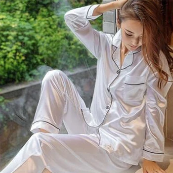 Moterų Satino Pižama Nustatyti ilgomis Rankovėmis Ir Ilgas Mygtuką Žemyn Sleepwear Loungewear M-5XL