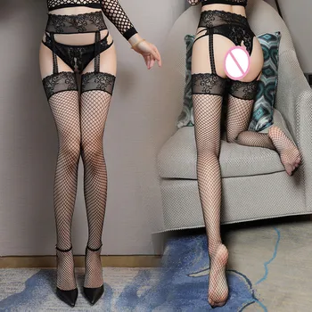 Moterų Sexy aukštakulniais Kojinės Juodos žvejybos tinklas Kojinės Nėrinių Permatomas Seksualus prisegamų kojinių Diržas, Kojinės Virš Kelio Ilgas Kojines