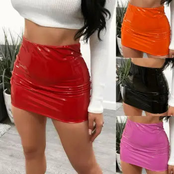 Moterų Sexy Šviesus odinis Bodycon Slim Micro Mini Sijonas Vakare Šalies Clubwear Seksuali vientisa Spalva Mados Kietas Sijonai 2019 Karšto